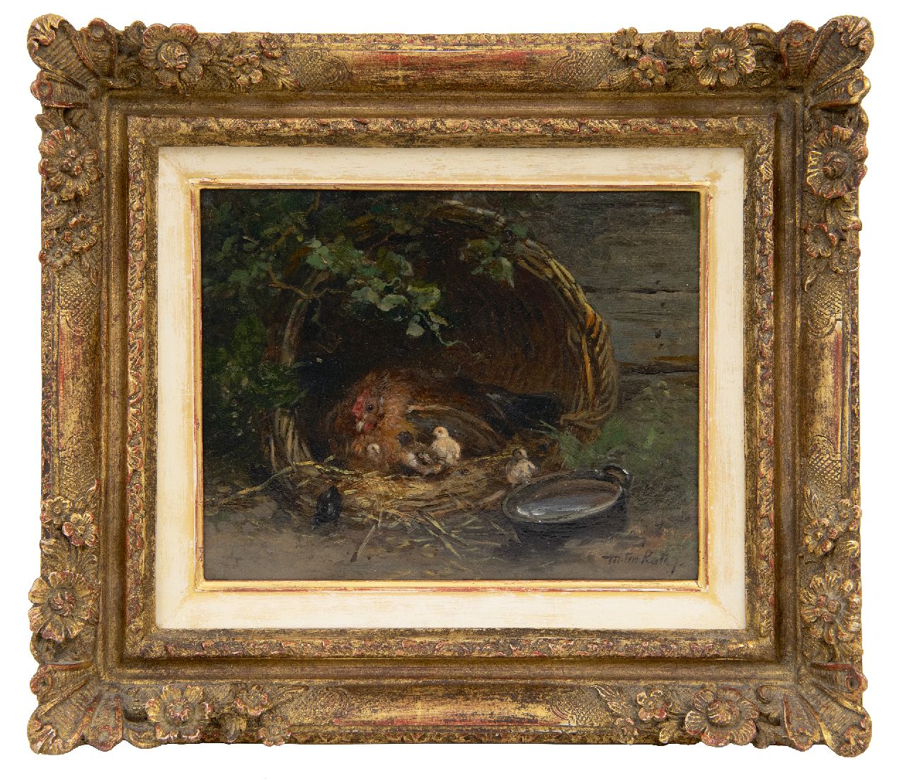 Kate J.M.H. ten | Johan 'Mari' Henri ten Kate | Schilderijen te koop aangeboden | Hen met kuikens in een korf, olieverf op paneel 15,5 x 19,7 cm, gesigneerd rechtsonder