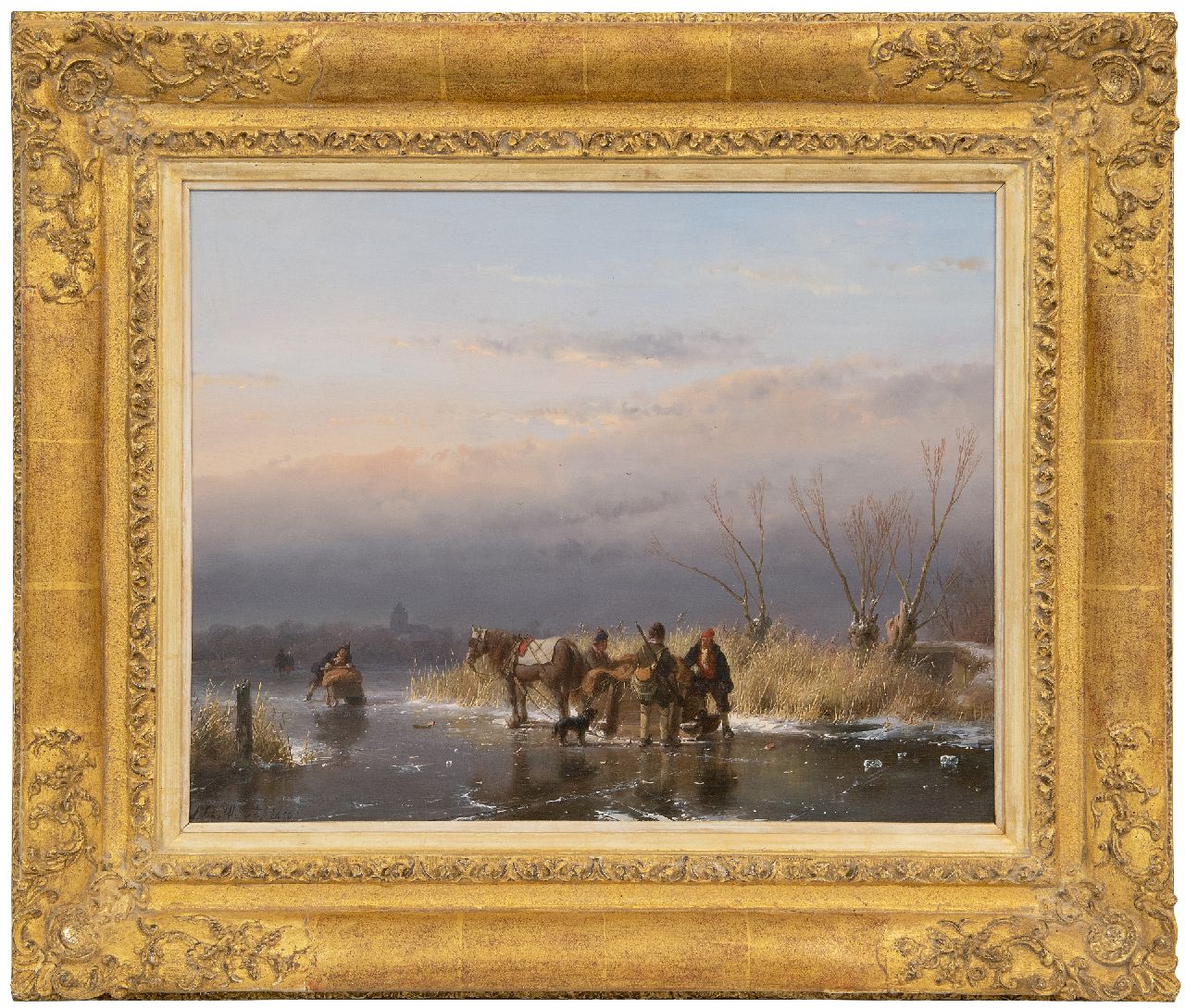 Schelfhout A. | Andreas Schelfhout | Schilderijen te koop aangeboden | IJsgezicht met jager en hond bij een paardenslee, olieverf op paneel 34,5 x 43,9 cm, gesigneerd linksonder en gedateerd 1850 Schelfhout A. | Andreas Schelfhout | Schilderijen te koop aangeboden | IJsgezicht met jager en hond bij een paardenslee, olieverf op paneel 34,5 x 43,9 cm, gesigneerd linksonder en gedateerd 1850