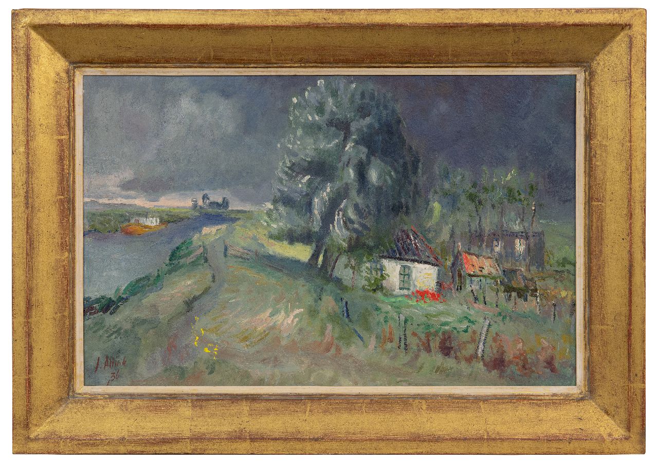 Altink J.  | Jan Altink | Schilderijen te koop aangeboden | Boerderij Blauwborgje aan het Reitdiep; verso: landschap met loods en schaftkeet, olieverf op doek 40,2 x 63,0 cm, gesigneerd linksonder en gedateerd '36