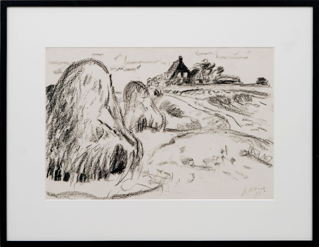 Altink J.  | Jan Altink, Boerenerf met hooischelven, zwart krijt op papier 31,9 x 48,4 cm, gesigneerd rechtsonder en gedateerd '56