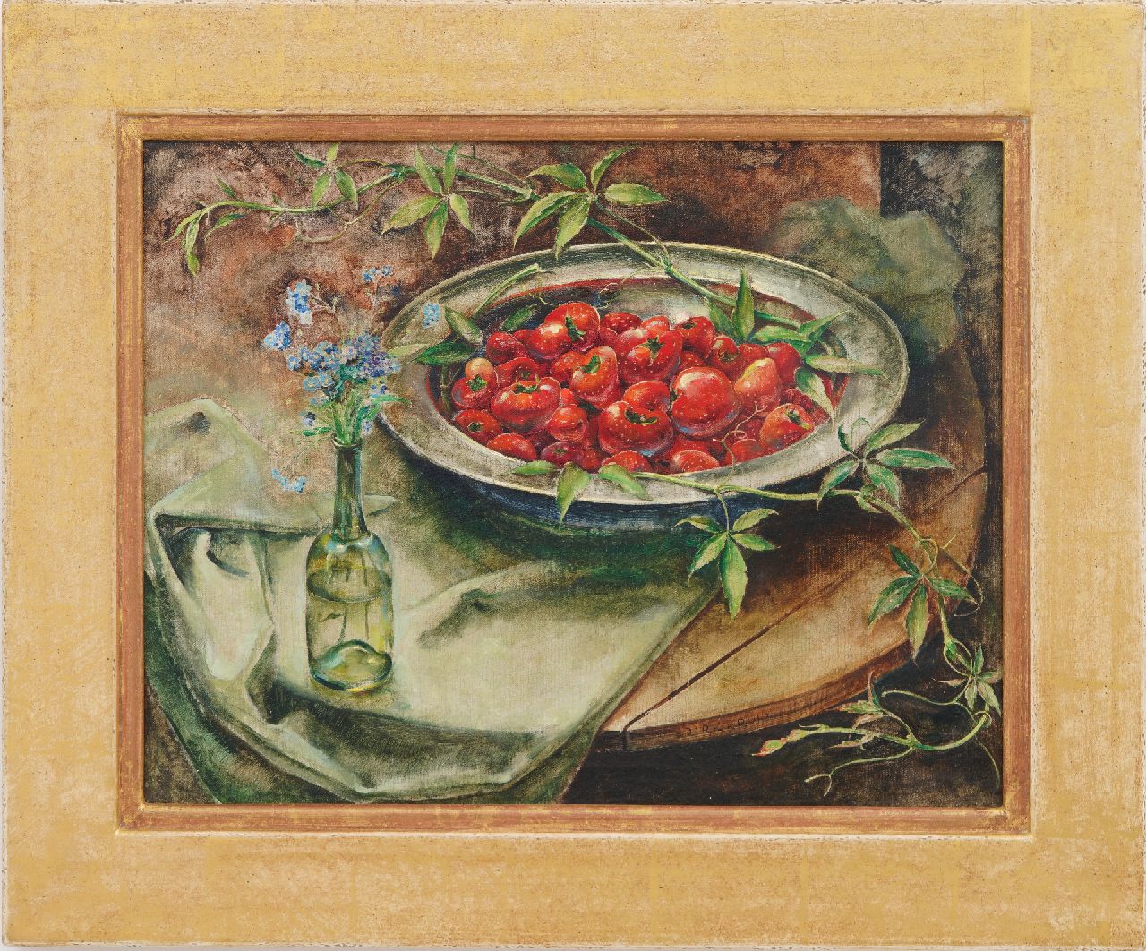 Kruizinga D.  | Dirk Kruizinga | Schilderijen te koop aangeboden | Stilleven met aardbeien op tinnen schaal, olieverf op doek 35,2 x 45,3 cm, gesigneerd rechtsonder