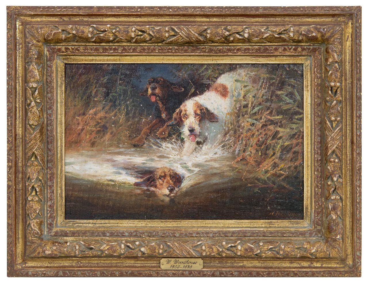 Woodhouse W.  | William Woodhouse | Schilderijen te koop aangeboden | Drie jachthonden in actie, olieverf op doek op paneel 20,0 x 30,2 cm, gesigneerd rechtsonder