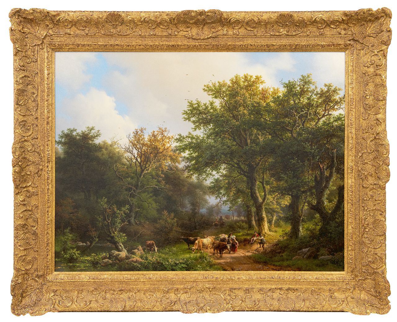 Koekkoek B.C.  | Barend Cornelis Koekkoek | Schilderijen te koop aangeboden | Zomers bosgezicht met vee en figuren, olieverf op paneel 69,1 x 90,2 cm, gesigneerd rechtsonder en gedateerd 1853  gereserveerd