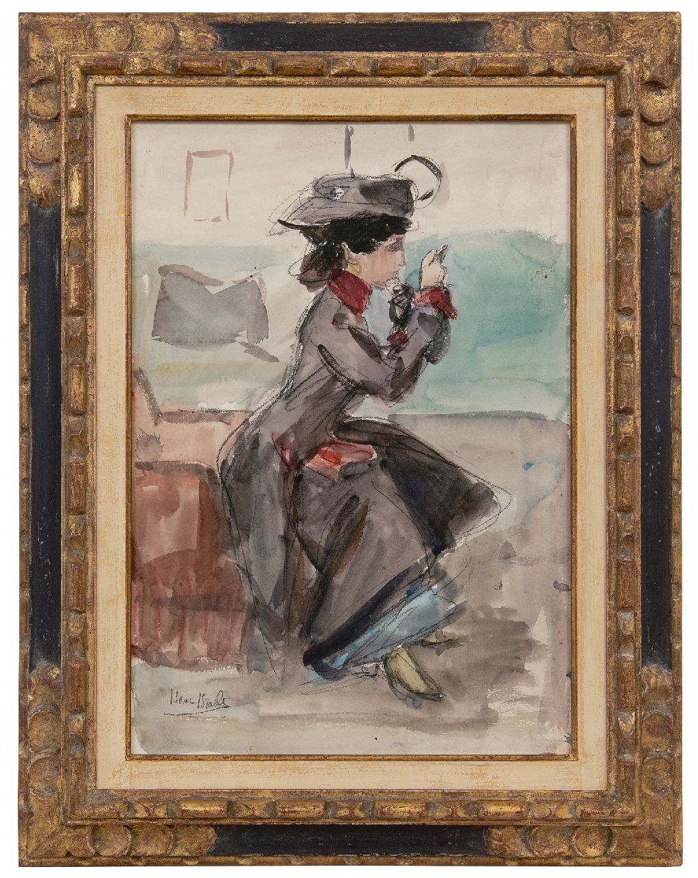 Israels I.L.  | 'Isaac' Lazarus Israels, Klaar voor vertrek, krijt en aquarel op papier 51,0 x 35,5 cm, gesigneerd linksonder