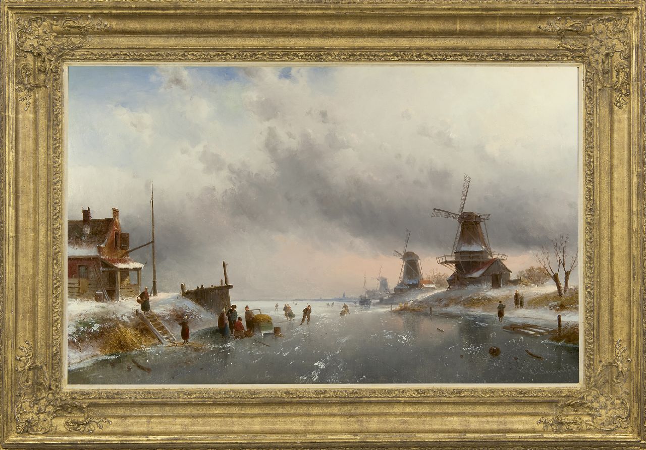Leickert C.H.J.  | 'Charles' Henri Joseph Leickert | Schilderijen te koop aangeboden | Winterlandschap met figuren op een bevroren rivier, olieverf op doek 61,9 x 100,2 cm, gesigneerd rechtsonder en gedateerd '81 Leickert C.H.J.  | 'Charles' Henri Joseph Leickert | Schilderijen te koop aangeboden | Winterlandschap met figuren op een bevroren rivier, olieverf op doek 61,9 x 100,2 cm, gesigneerd rechtsonder en gedateerd '81