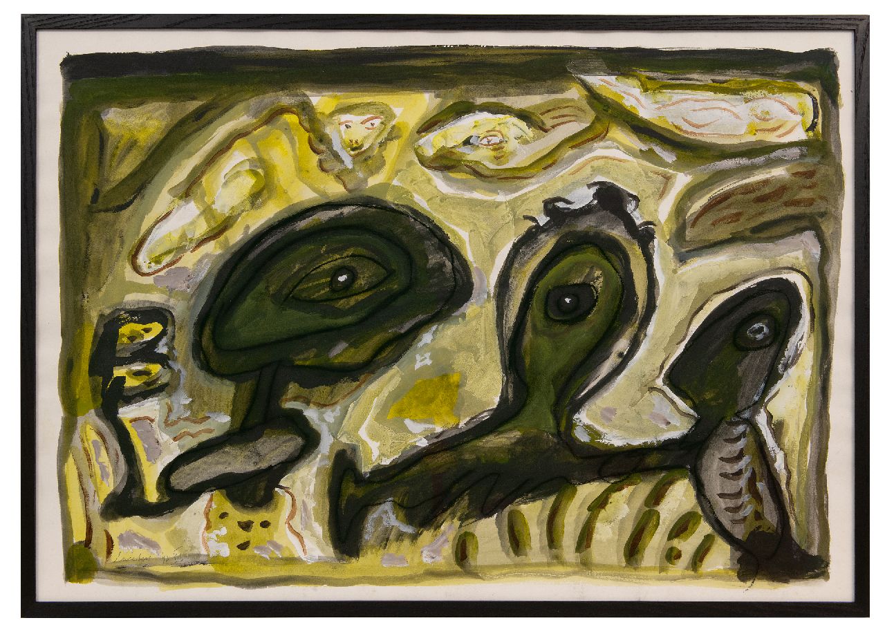 Lucebert (Lubertus Jacobus Swaanswijk)   | Lucebert (Lubertus Jacobus Swaanswijk) | Aquarellen en tekeningen te koop aangeboden | Zonder titel, krijt en gouache op papier 70,0 x 99,9 cm, gesigneerd linksonder en gedateerd '92.VII