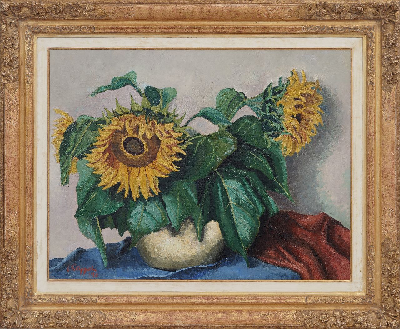 Appel C.K. | Christiaan 'Karel' Appel | te koop aangeboden | Stilleven met zonnebloemen, olieverf op papier op doek op paneel - (oil on paper on canvas laid down on panel) 71,0 x 90,0 cm, gesigneerd linksonder en gedateerd '40 VERKOCHT Appel C.K. | Christiaan 'Karel' Appel | te koop aangeboden | Stilleven met zonnebloemen, olieverf op papier op doek op paneel - (oil on paper on canvas laid down on panel) 71,0 x 90,0 cm, gesigneerd linksonder en gedateerd '40 VERKOCHT