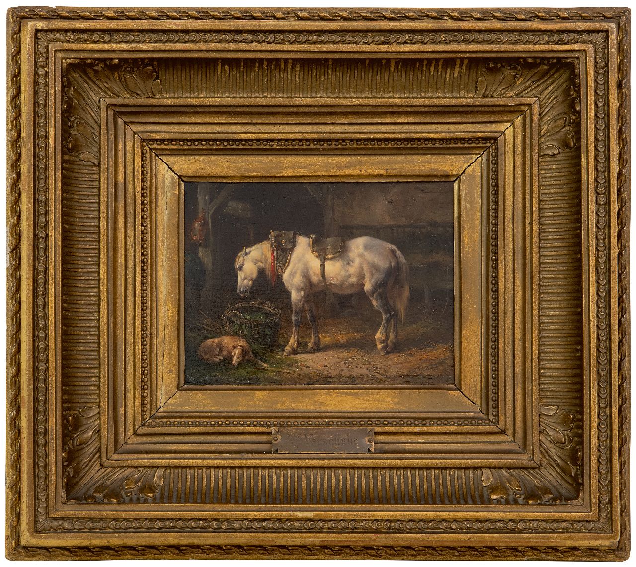 Verschuur W.  | Wouterus Verschuur | Schilderijen te koop aangeboden | Stalinterieur met paard en hond, olieverf op paneel 12,6 x 17,4 cm, gesigneerd rechtsonder