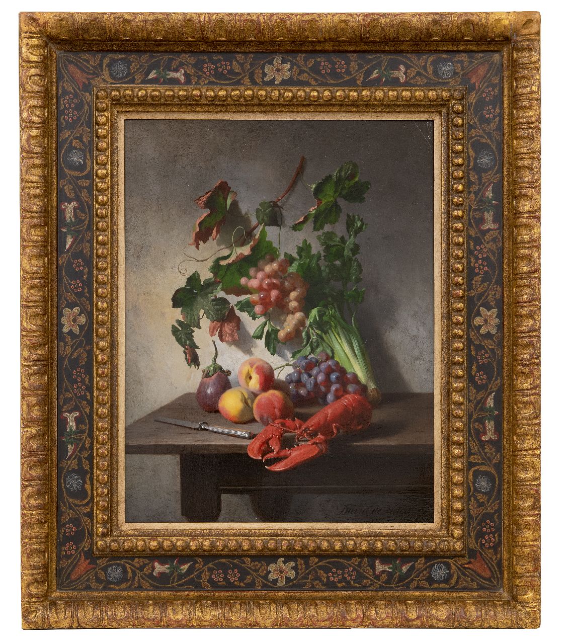 Noter D.E.J. de | 'David' Emile Joseph de Noter | Schilderijen te koop aangeboden | Stilleven met groente, fruit, kreeft en een mes, olieverf op paneel 37,0 x 28,3 cm, gesigneerd rechtsonder