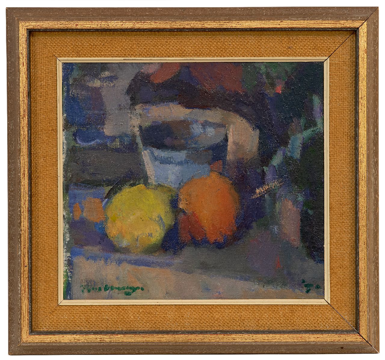 Verwey K.  | Kees Verwey | Schilderijen te koop aangeboden | Stilleven met citroen en sinaasappel, olieverf op doek 26,3 x 29,3 cm, gesigneerd linksonder en gedateerd '70  VERKOCHT