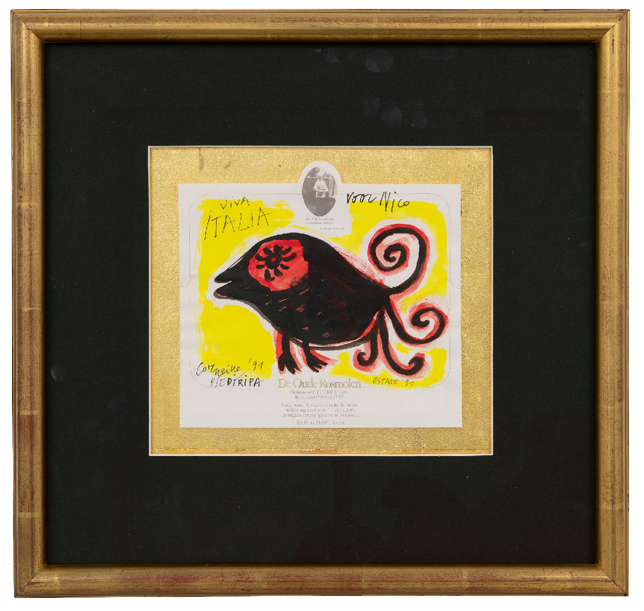 Corneille ('Corneille' Guillaume Beverloo)   | Corneille ('Corneille' Guillaume Beverloo) |  te koop aangeboden | Viva Italia (voor Nico Koster), aquarel en inkt op papier 19,9 x 21,1 cm, gesigneerd linksonder en gedateerd '91