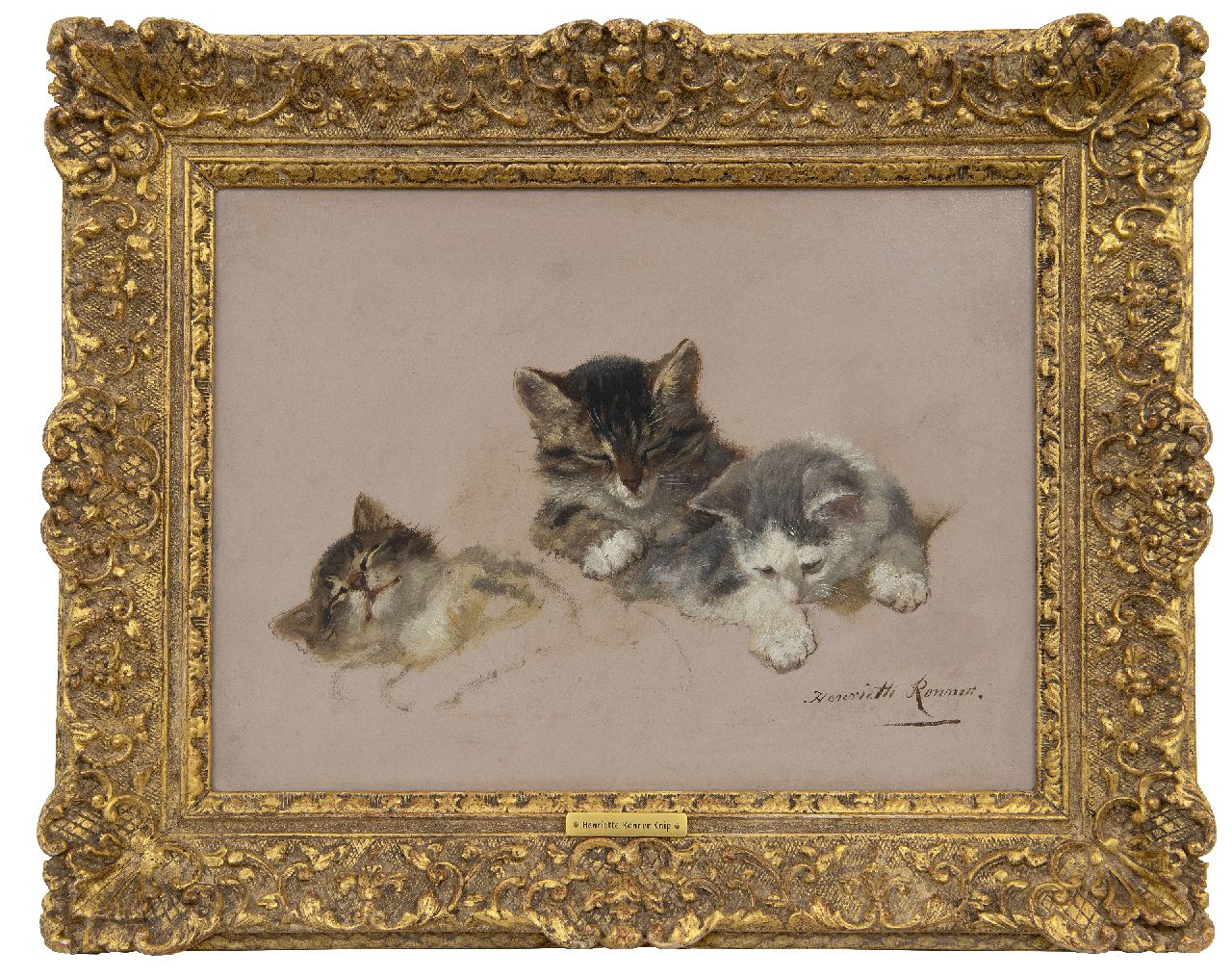 Ronner-Knip H.  | Henriette Ronner-Knip | Schilderijen te koop aangeboden | Drie slaperige kittens, olieverf op paneel 26,8 x 36,0 cm, gesigneerd rechtsonder