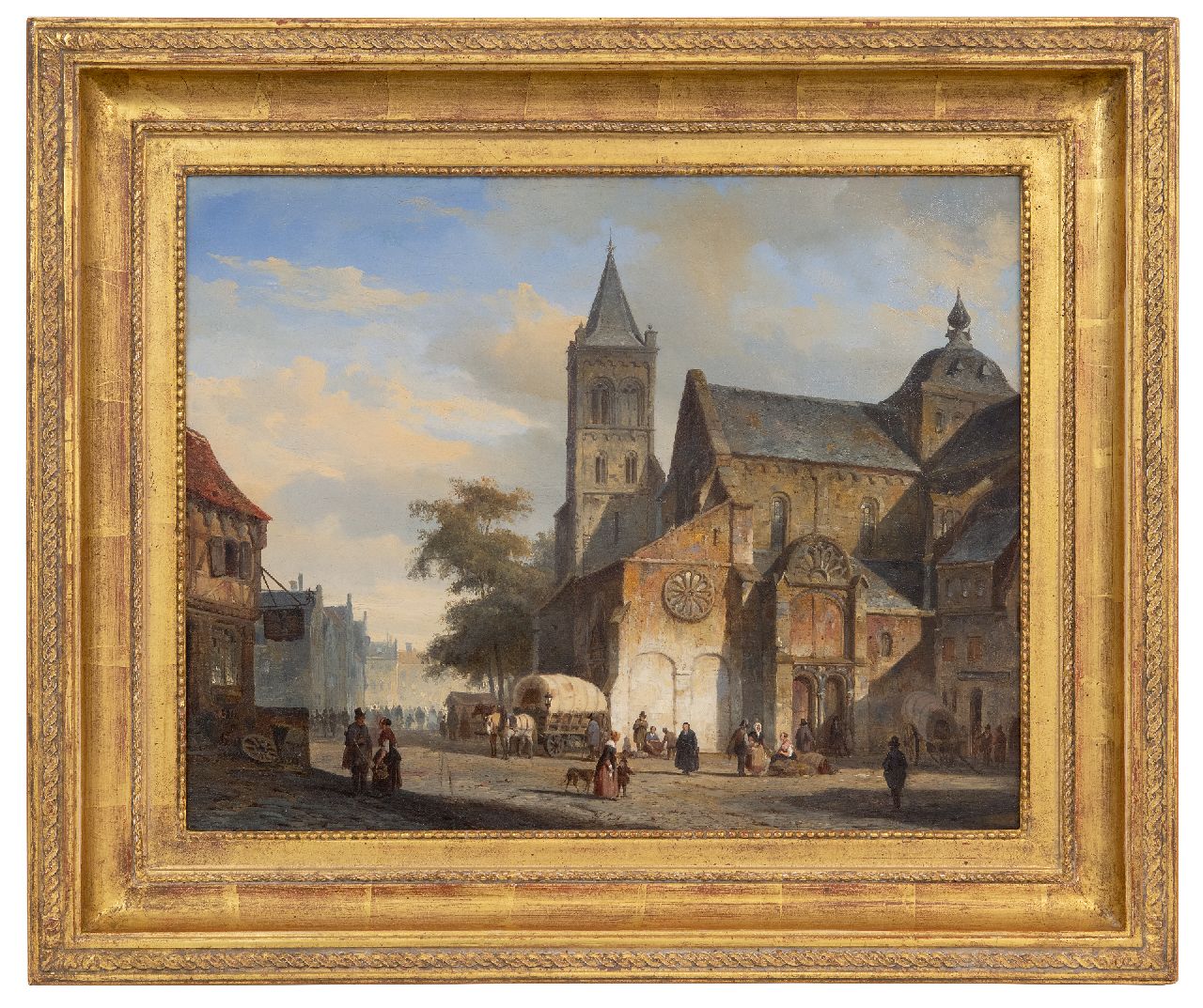 Springer C.  | Cornelis Springer | Schilderijen te koop aangeboden | Hollands stadsplein met kerk en huifkar, olieverf op doek 36,5 x 46,0 cm, gesigneerd linksonder met monogram en gedateerd '44