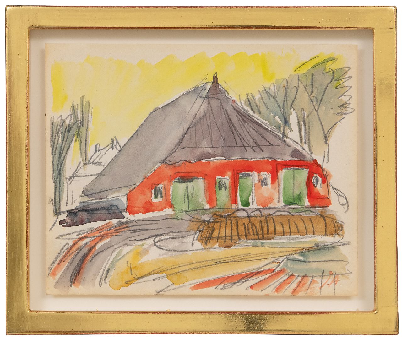 Altink J.  | Jan Altink | Aquarellen en tekeningen te koop aangeboden | Rode boerderij, Groningen, zwart krijt en aquarel op papier 16,6 x 20,7 cm, gesigneerd rechtsonder met initialen