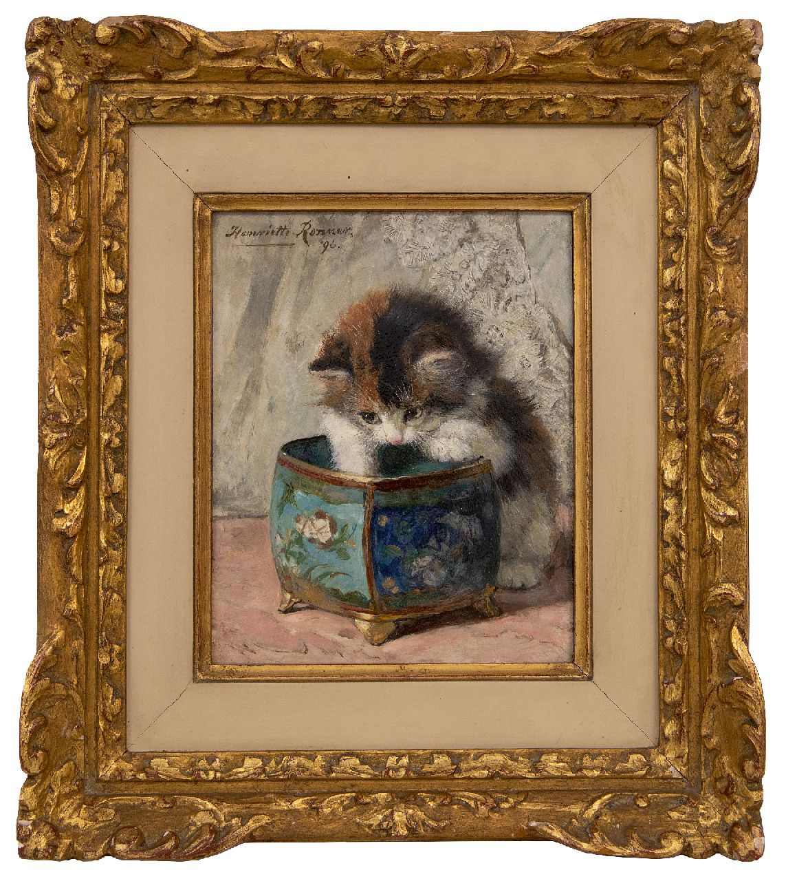 Ronner-Knip H.  | Henriette Ronner-Knip | Schilderijen te koop aangeboden | Kitten spelend met een sierpot, olieverf op paneel 20,0 x 16,0 cm, gesigneerd linksboven en gedateerd '96