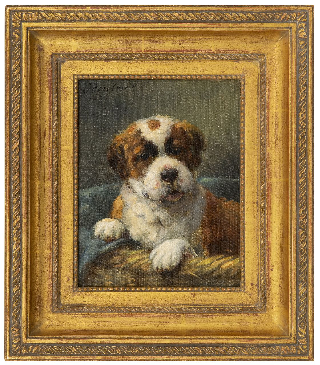 Eerelman O.  | Otto Eerelman | Schilderijen te koop aangeboden | Sint Bernard pup in z'n mandje, olieverf op schildersboard 23,8 x 18,8 cm, gesigneerd linksboven en gedateerd 1924