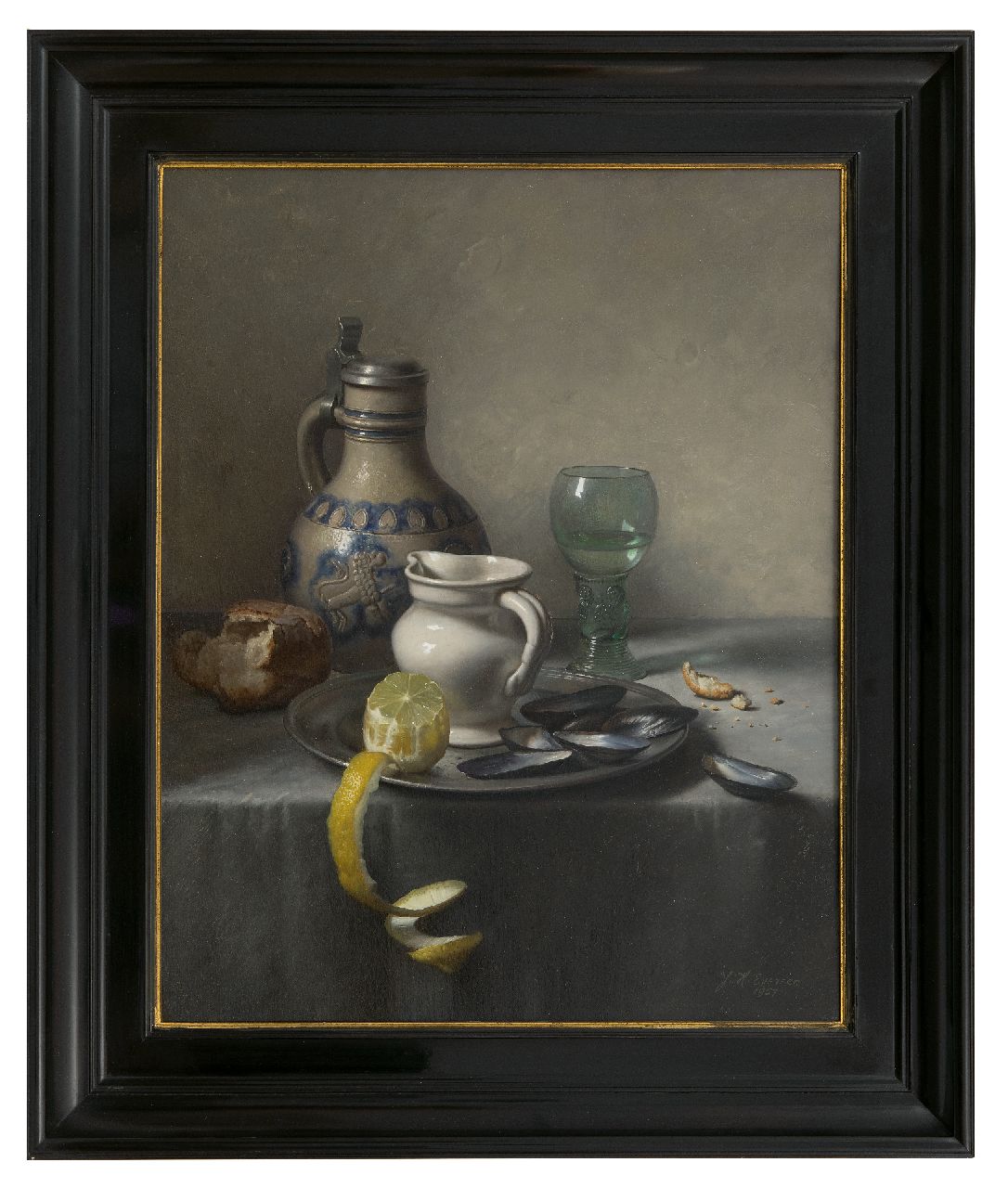 Eversen J.H.  | Johannes Hendrik 'Jan' Eversen | Schilderijen te koop aangeboden | Stilleven met Westerwaldkruik, roemer, citroen en mosselen, olieverf op doek 50,8 x 40,9 cm, gesigneerd rechtsonder en gedateerd 1957 Eversen J.H.  | Johannes Hendrik 'Jan' Eversen | Schilderijen te koop aangeboden | Stilleven met Westerwaldkruik, roemer, citroen en mosselen, olieverf op doek 50,8 x 40,9 cm, gesigneerd rechtsonder en gedateerd 1957