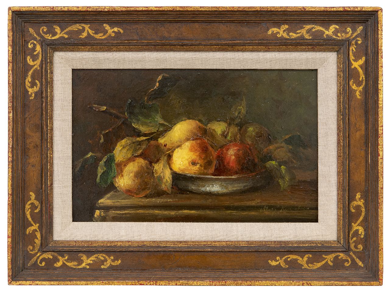 Roosenboom M.C.J.W.H.  | 'Margaretha' Cornelia Johanna Wilhelmina Henriëtta Roosenboom | Schilderijen te koop aangeboden | Peren in een schaal, olieverf op paneel 177,0 x 27,1 cm, gesigneerd rechtsonder