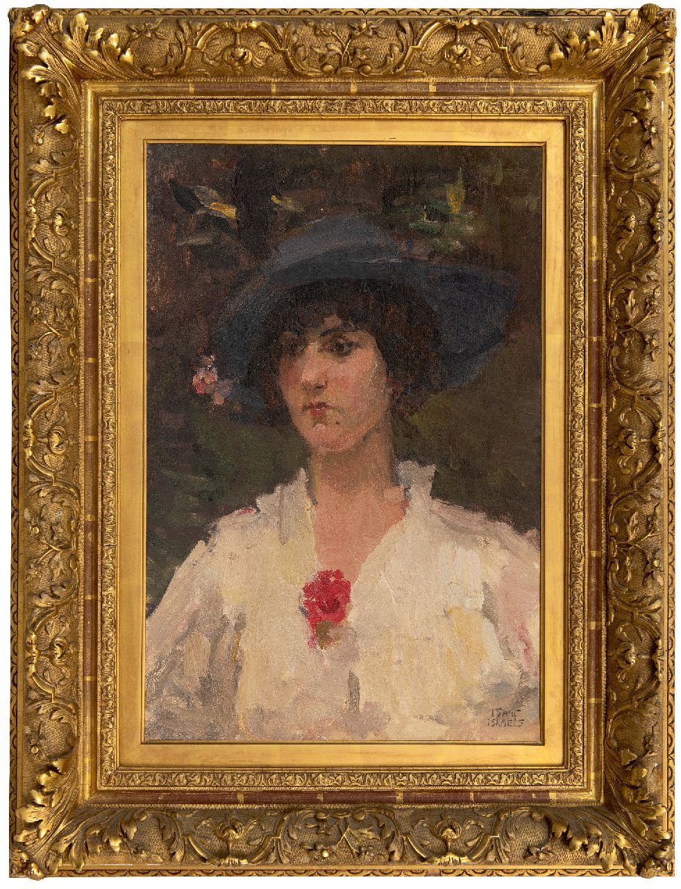 Israels I.L. | 'Isaac' Lazarus Israels | Schilderijen te koop aangeboden | Jonge vrouw met rode bloem, olieverf op doek 60,0 x 40,0 cm, gesigneerd rechtsonder Israels I.L. | 'Isaac' Lazarus Israels | Schilderijen te koop aangeboden | Jonge vrouw met rode bloem, olieverf op doek 60,0 x 40,0 cm, gesigneerd rechtsonder