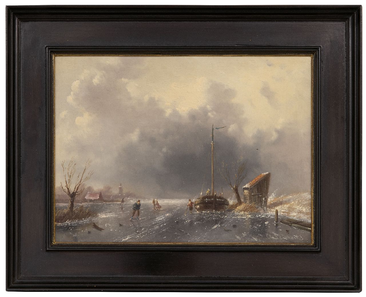 Leickert C.H.J.  | 'Charles' Henri Joseph Leickert | Schilderijen te koop aangeboden | Schaatsers bij een naderende sneeuwstorm 'Wintertje', olieverf op paneel 18,6 x 25,8 cm, gesigneerd rechtsonder