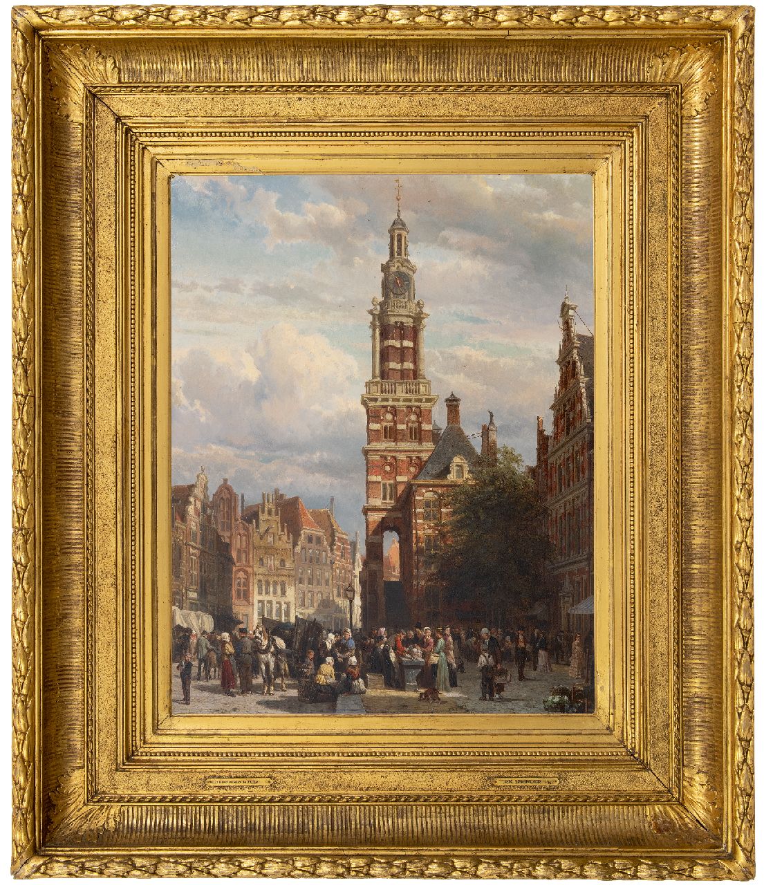 Springer C.  | Cornelis Springer, Drukbevolkte markt voor de Wijnhuistoren in Zutphen, olieverf op paneel 60,2 x 47,5 cm, gesigneerd middenonder en gedateerd 1872