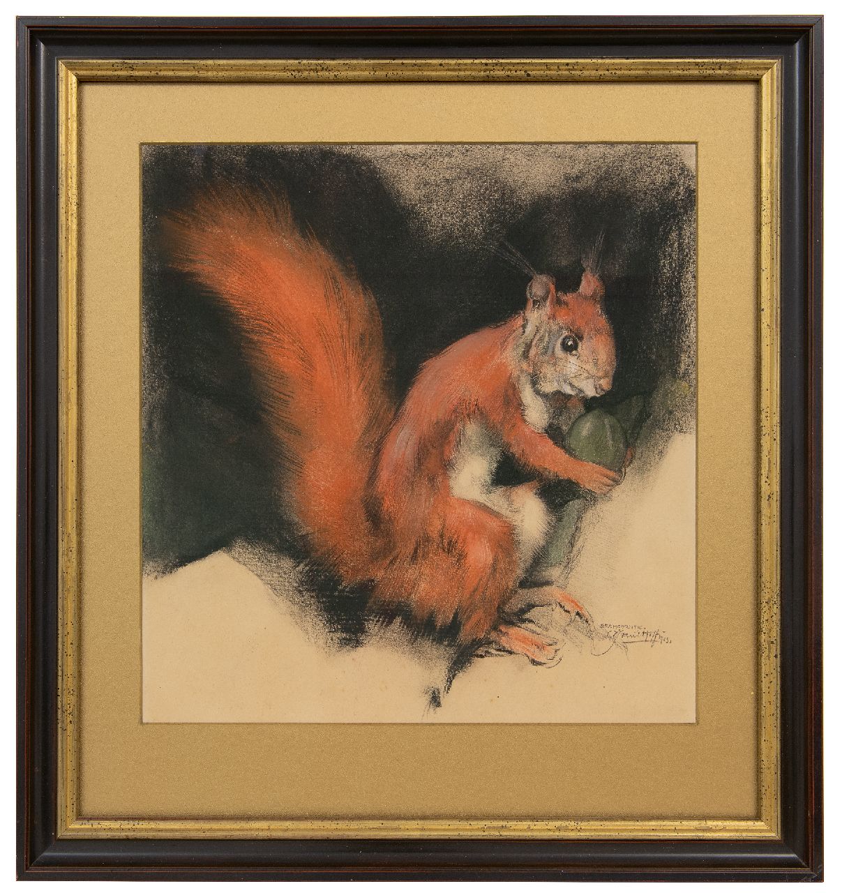 Hoff A.J. van 't | Adrianus Johannes 'Adriaan' van 't Hoff | Aquarellen en tekeningen te koop aangeboden | Eekhoorntje, houtskool en pastel op papier 28,2 x 27,2 cm, gesigneerd rechtsonder en gedateerd 1923