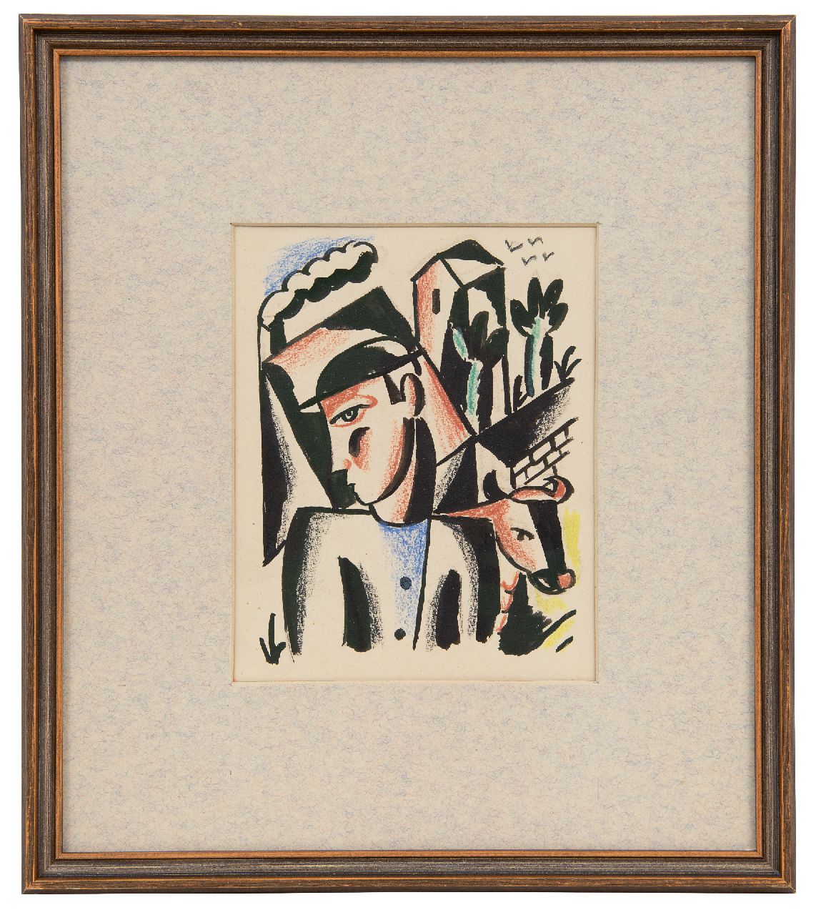 Hynckes R.  | Raoul Hynckes | Aquarellen en tekeningen te koop aangeboden | Boer met koe, inkt en krijt op papier 15,3 x 12,3 cm