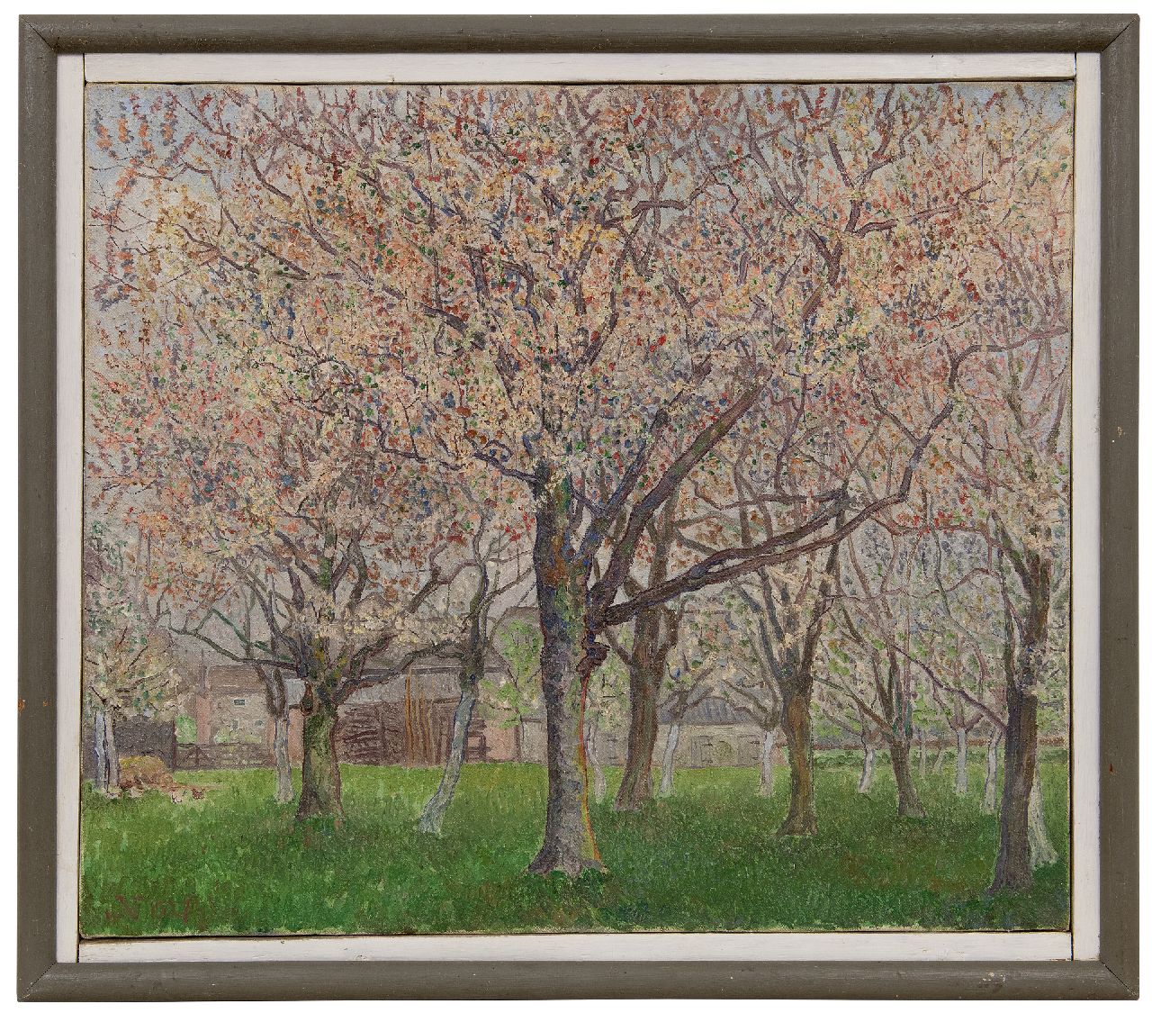 Nieweg J.  | Jakob Nieweg | Schilderijen te koop aangeboden | Bloeiende fruitboomgaard, olieverf op doek 55,8 x 65,1 cm, gesigneerd linksonder met monogram en gedateerd 1927