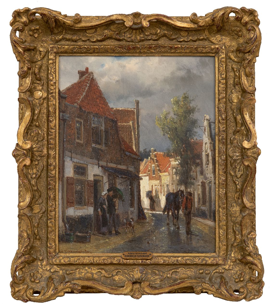 Springer C.  | Cornelis Springer | Schilderijen te koop aangeboden | Straatje in Oudewater bij regenachtig weer, olieverf op paneel 25,2 x 19,9 cm, gesigneerd linksonder en gedateerd '80