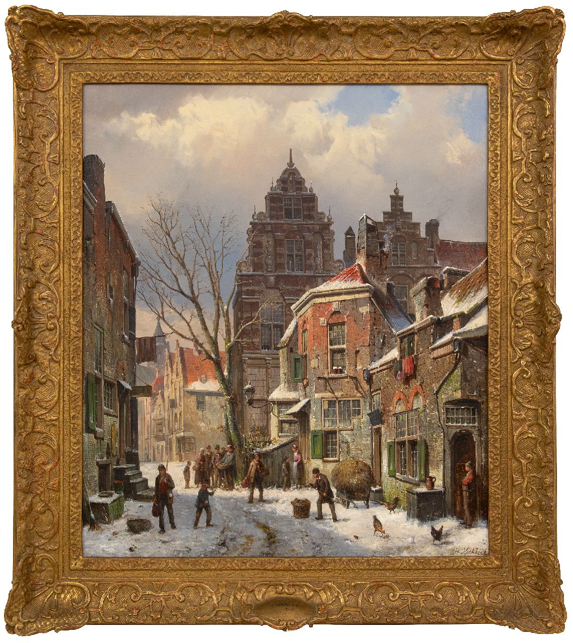 Koekkoek W.  | Willem Koekkoek, Bedrijvig straatje in de sneeuw, olieverf op doek 70,0 x 59,8 cm, gesigneerd rechtsonder