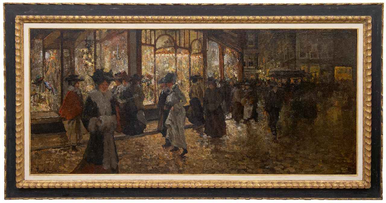 Helfferich F.W.  | Franciscus Willem 'Frans' Helfferich | Schilderijen te koop aangeboden | Avondwinkelen in Den Haag, olieverf op doek 70,6 x 156,4 cm, gesigneerd linksonder