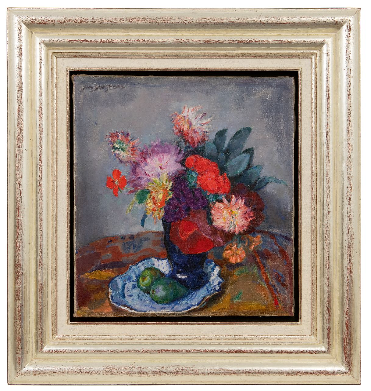 Sluijters J.C.B.  | Johannes Carolus Bernardus 'Jan' Sluijters | Schilderijen te koop aangeboden | Zomerbloemen in blauwe vaas op een schaal, olieverf op doek 53,9 x 49,0 cm, gesigneerd linksboven