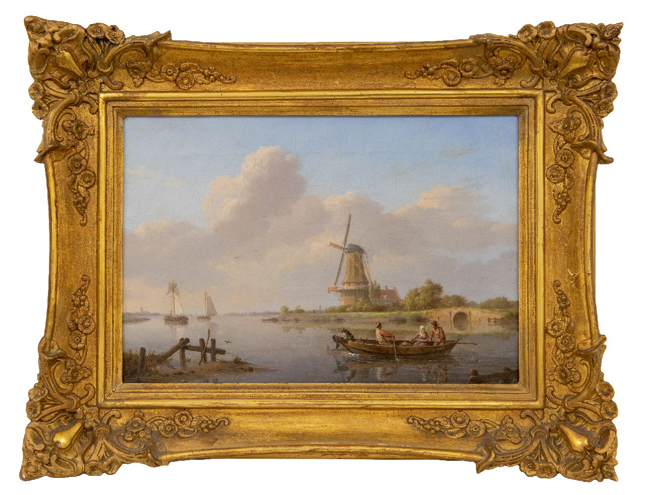 Koekkoek J.H.  | Johannes Hermanus Koekkoek | Schilderijen te koop aangeboden | Kalm riviergezicht met molen en overzetveer, olieverf op doek 23,5 x 33,6 cm, gesigneerd rechtsonder