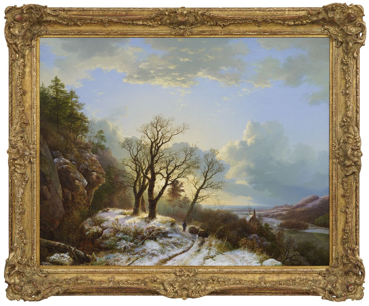 Koekkoek B.C.  | Barend Cornelis Koekkoek, Winterse riviervallei met reiziger en vee, olieverf op doek 82,5 x 105,0 cm, gesigneerd linksonder en gedateerd 1834  verkocht