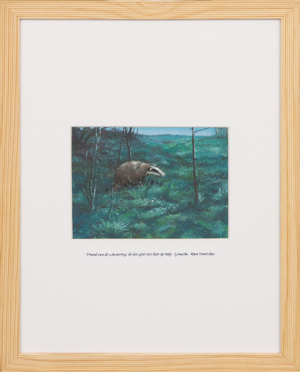 Poortvliet R.  | Rien Poortvliet | Aquarellen en tekeningen te koop aangeboden | Een das op pad in de schemering, Hoge Veluwe, gouache op papier 12,9 x 17,3 cm