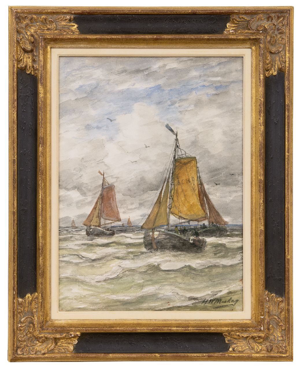 Mesdag H.W.  | Hendrik Willem Mesdag | Aquarellen en tekeningen te koop aangeboden | Terugkerende vissersvloot, Scheveningen, houtskool en aquarel op papier 38,0 x 27,4 cm, gesigneerd rechtsonder
