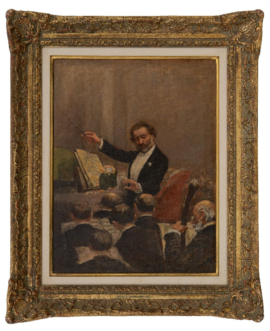 Marie A.E.  | Adrien Emmanuel Marie, Giuseppe Verdi dirigeert de eerste concert voorstelling van Aïda in Parijs, 1880, olieverf op doek 29,8 x 22,5 cm, gesigneerd links van het midden. en gedateerd 1880