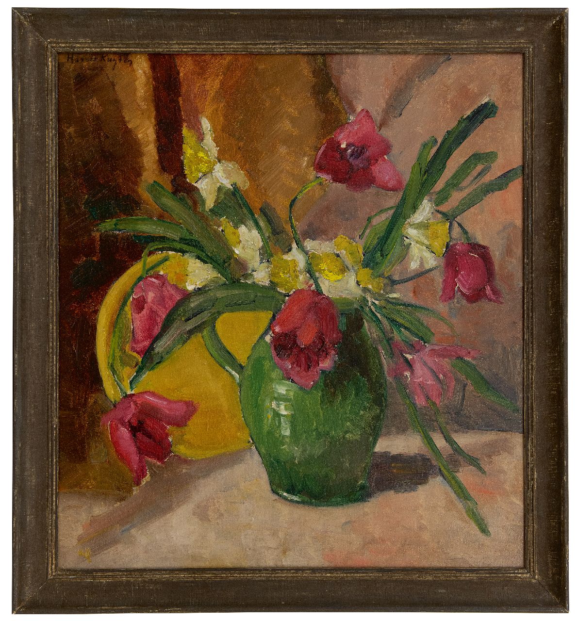 Kuijten H.J.  | Henricus Johannes 'Harrie' Kuijten, Bloemstilleven, olieverf op schildersboard 49,8 x 44,8 cm, gesigneerd linksboven