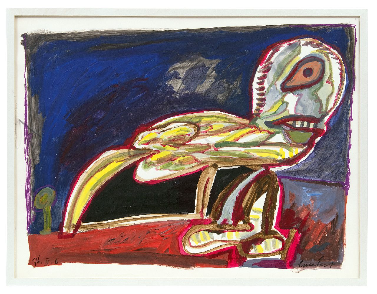 Lucebert (Lubertus Jacobus Swaanswijk)   | Lucebert (Lubertus Jacobus Swaanswijk) | Aquarellen en tekeningen te koop aangeboden | Zonder titel (vogelfiguur), gouache op papier 50,0 x 64,5 cm, gesigneerd rechtsonder en gedateerd  76.II.6