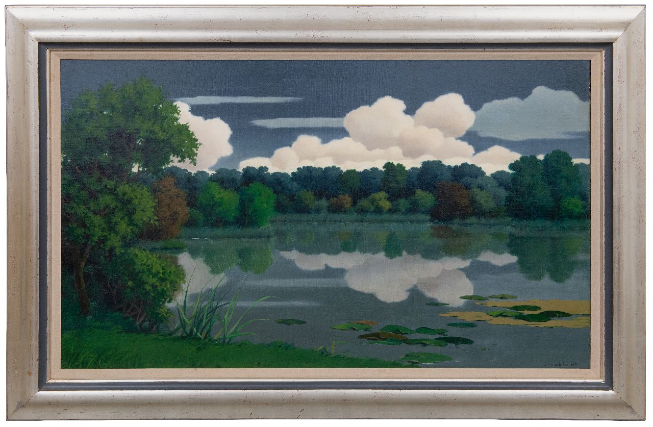 Ven W. van der | Willem van der Ven | Schilderijen te koop aangeboden | Bosmeer met weerspiegeling van wolken, bij Vriezenveen, olieverf op doek 60,0 x 99,6 cm, gesigneerd rechtsonder en gedateerd 1948