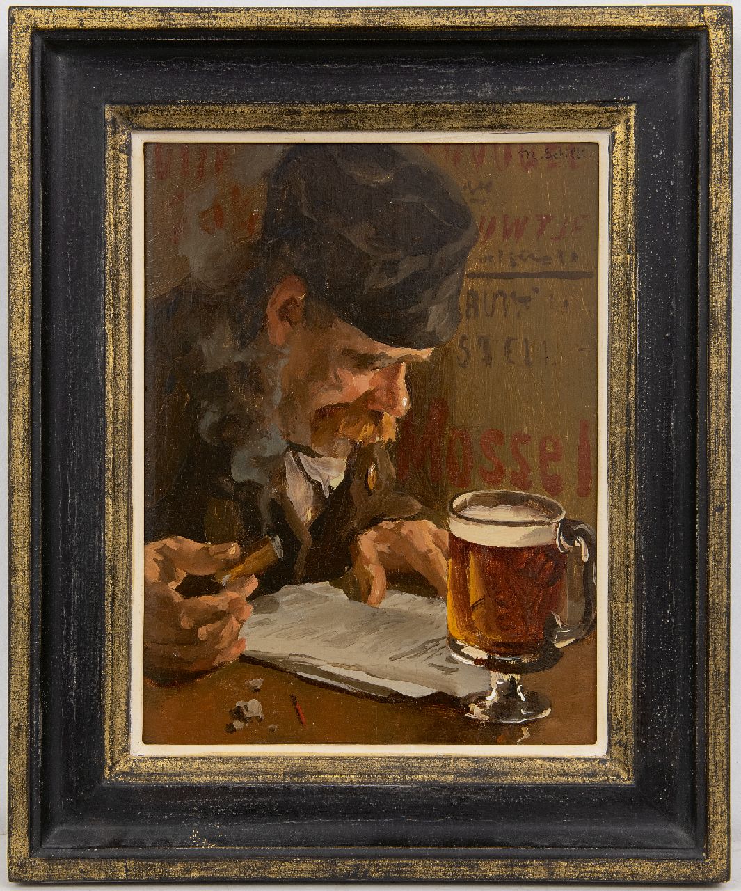 Schildt M.  | Martinus 'Martin' Schildt | Schilderijen te koop aangeboden | Tevredenheid, olieverf op paneel 27,0 x 20,4 cm, gesigneerd rechtsboven en verso op etiket