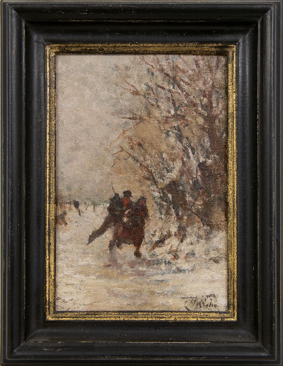 Seben H. van | Henri van Seben | Schilderijen te koop aangeboden | Schaatspaar in een winterlandschap, olieverf op doek op paneel 17,4 x 11,7 cm, gesigneerd rechtsonder