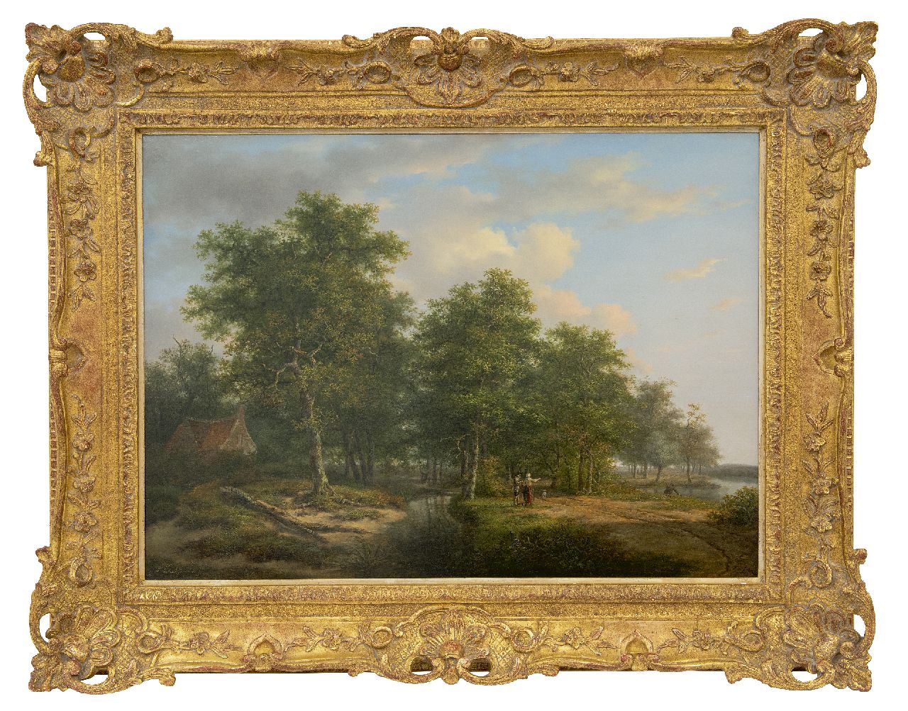 Schelfhout A.  | Andreas Schelfhout, Boslandschap met figuren bij een riviertje (pendant van winterlandschap), olieverf op paneel 52,8 x 72,5 cm, gesigneerd linksonder en te dateren ca. 1815