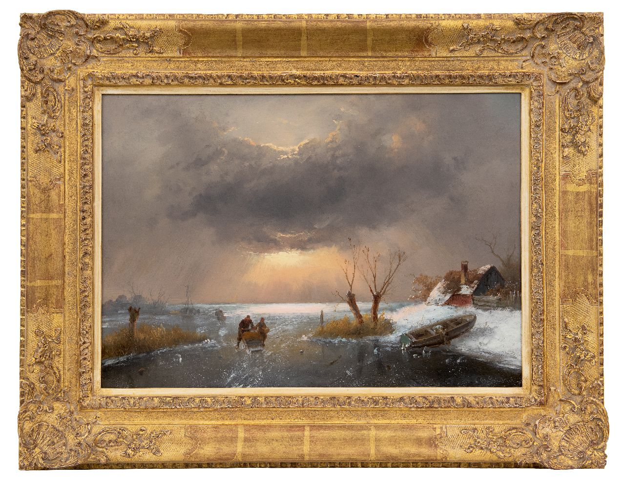 Leickert C.H.J.  | 'Charles' Henri Joseph Leickert, Hollandse winter met schaatsers bij zonsondergang, olieverf op paneel 33,8 x 48,2 cm, gesigneerd rechtsonder