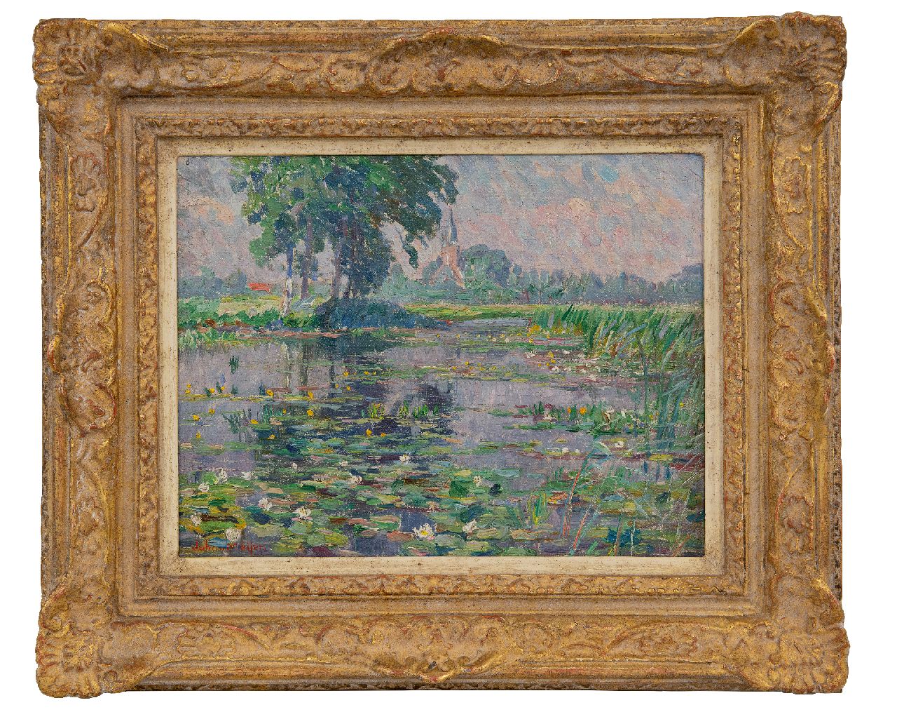 Meijer J.  | Johannes 'Johan' Meijer, Waterplas met bloeiende waterlelies bij Kortenhoef, olieverf op doek 22,7 x 29,5 cm, gesigneerd linksonder en op spieraam