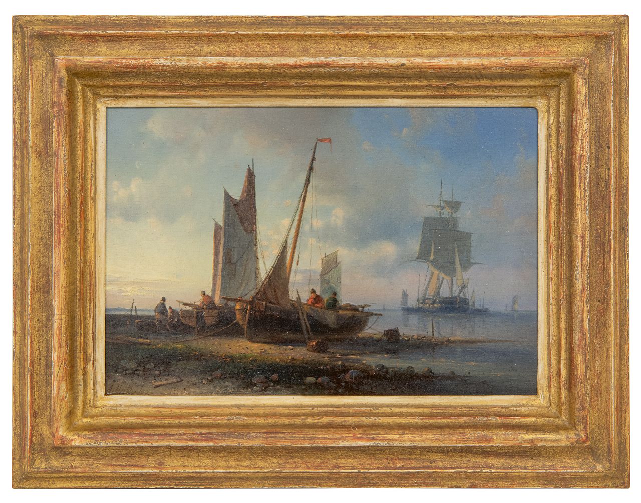 Hulk A.  | Abraham Hulk | Schilderijen te koop aangeboden | Kustgezicht met voor anker liggend fregat en vissersscheepjes op het droge, olieverf op paneel 16,4 x 24,4 cm, gesigneerd linksonder