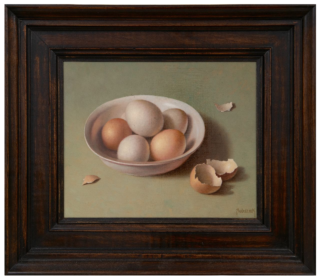 Bubarnik A.G.  | Andreas Gyula Bubarnik | Schilderijen te koop aangeboden | Stilleven van een kom met eieren, olieverf op paneel 24,0 x 30,0 cm, gesigneerd rechtsonder