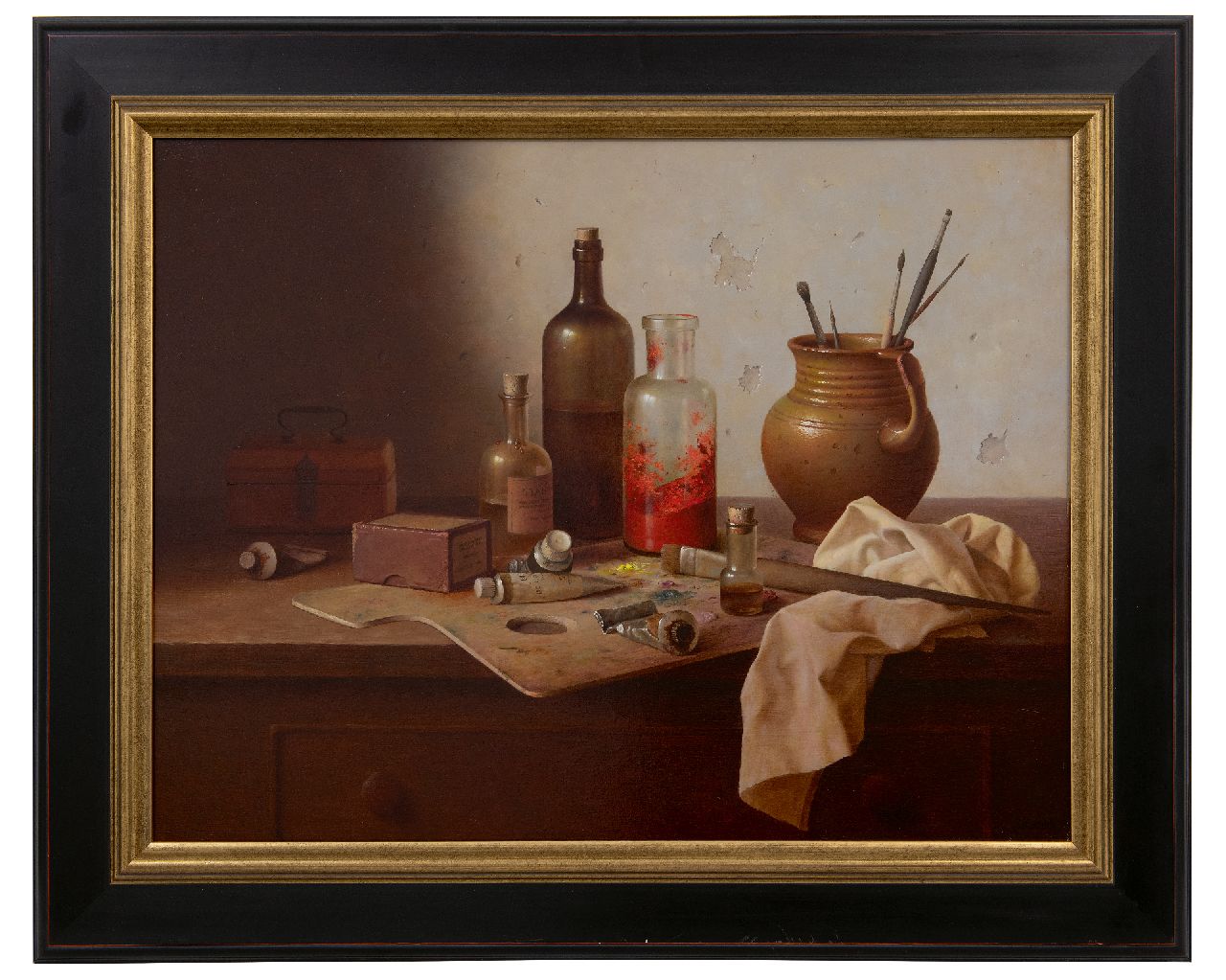 Bubarnik A.G.  | Andreas Gyula Bubarnik | Schilderijen te koop aangeboden | Stilleven van schildersattributen op werkbank, olieverf op paneel 50,0 x 65,0 cm, gesigneerd rechtsonder