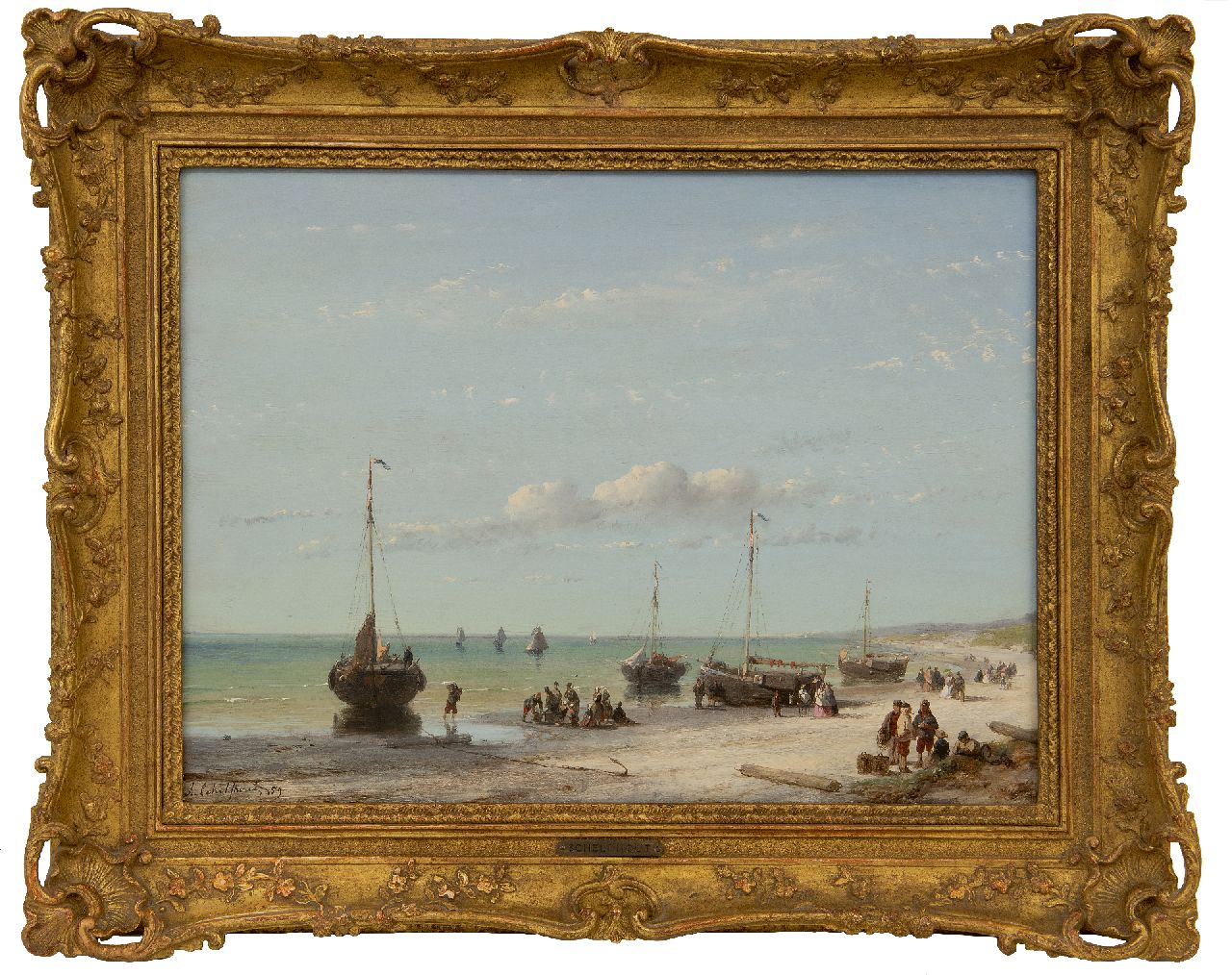 Schelfhout A.  | Andreas Schelfhout, Strandgezicht met schepen, vissers en elegante wandelaars, olieverf op paneel 32,1 x 43,0 cm, gesigneerd linksonder en gedateerd '59