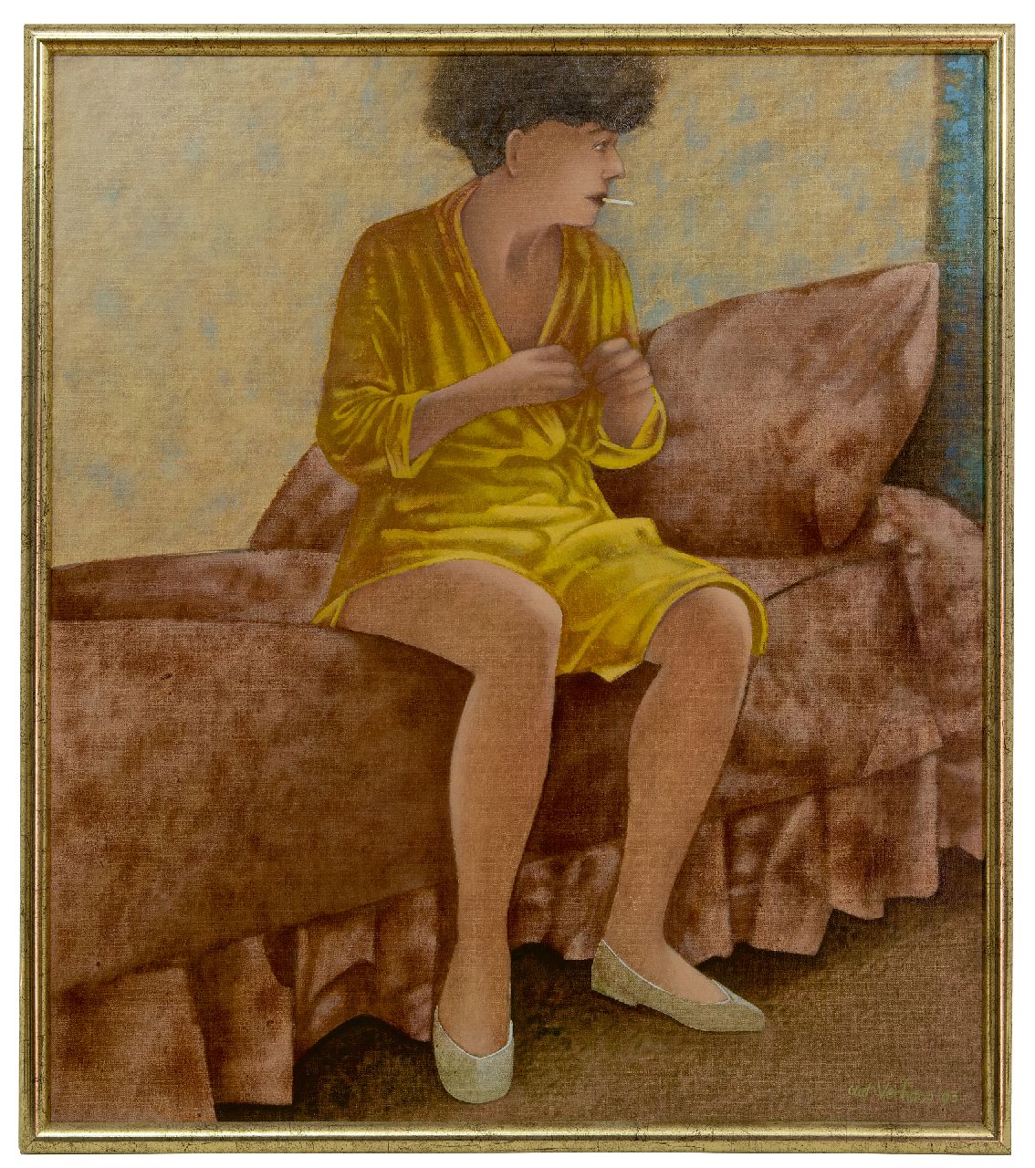 Verhoog A. | Adrianus 'Aat' Verhoog | Schilderijen te koop aangeboden | Rokende vrouw op roze bed, olieverf op doek 80,0 x 70,0 cm, gesigneerd rechtsonder en gedateerd '93 Verhoog A. | Adrianus 'Aat' Verhoog | Schilderijen te koop aangeboden | Rokende vrouw op roze bed, olieverf op doek 80,0 x 70,0 cm, gesigneerd rechtsonder en gedateerd '93